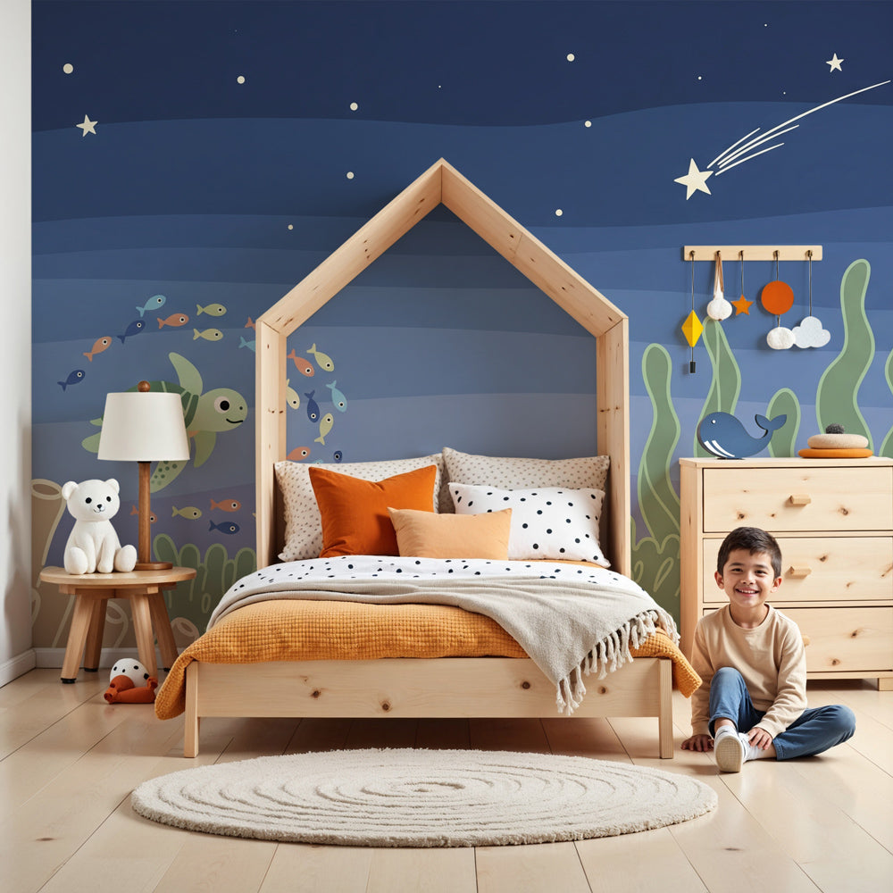 Sea turtle mural wallpaper creating magical underwater nursery with starlit ocean theme by Kids-Mundo