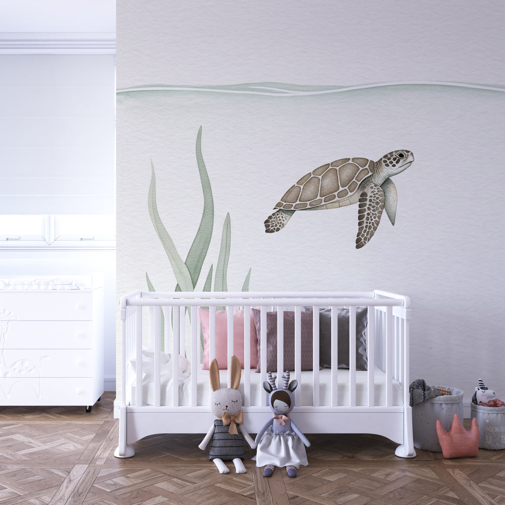 Gentle sea turtle mural wallpaper with seaweed and fish for kids room by Kids-Mundo