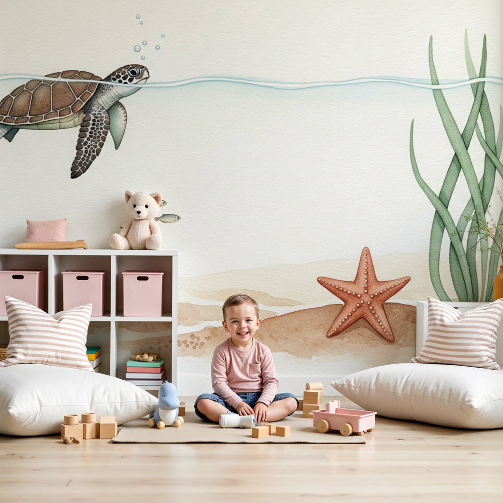 Sea turtle and starfish wall mural by Kids-Mundo styled in a soft, calming baby nursery.