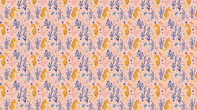 Detailed seahorse and coral reef mural wallpaper design pattern on pink background by Kids-Mundo