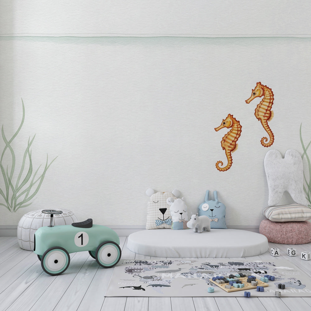 Marine themed seahorse wallpaper in modern baby bedroom setting by Kids-Mundo