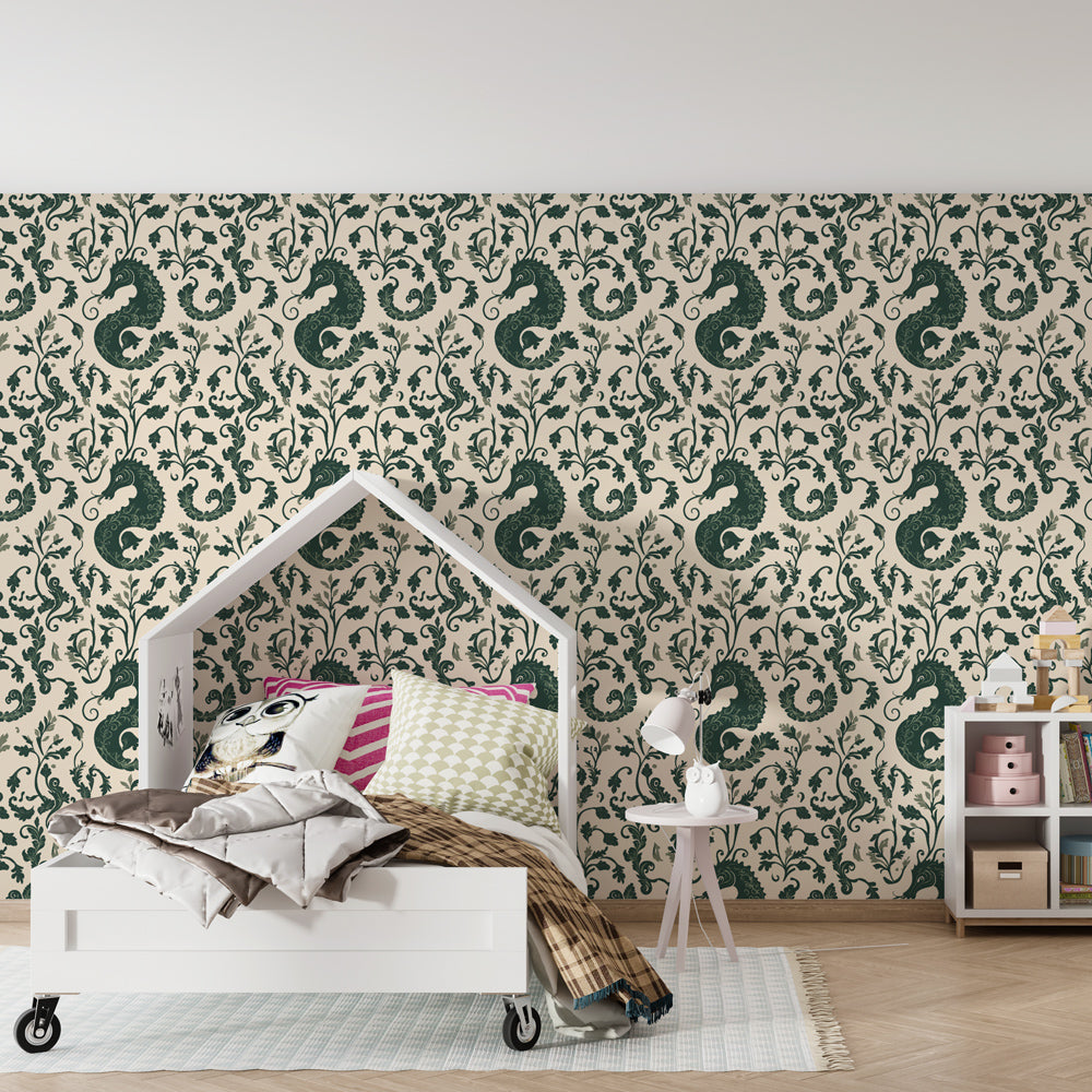 Ocean themed seahorse wallpaper with delicate foliage creating serene children's bedroom decor