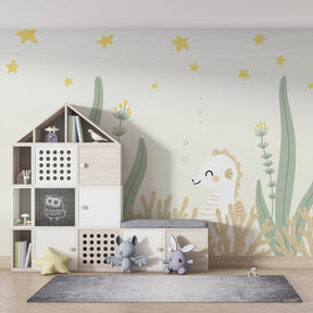 Ocean adventure mural wallpaper with seahorse and coral reef for kids room by Kids-Mundo