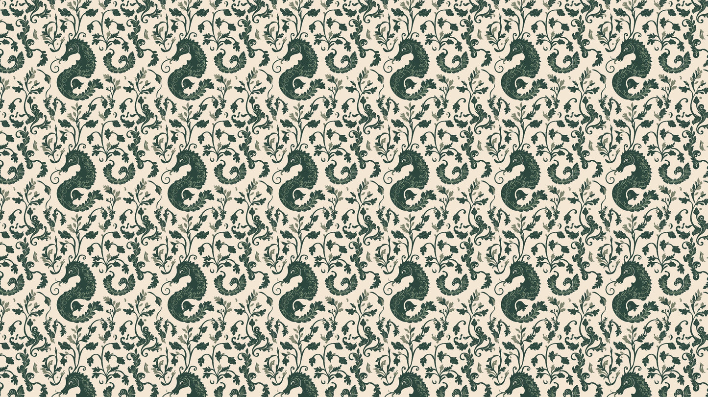 Detailed seahorse and botanical foliage mural wallpaper design pattern by Kids-Mundo