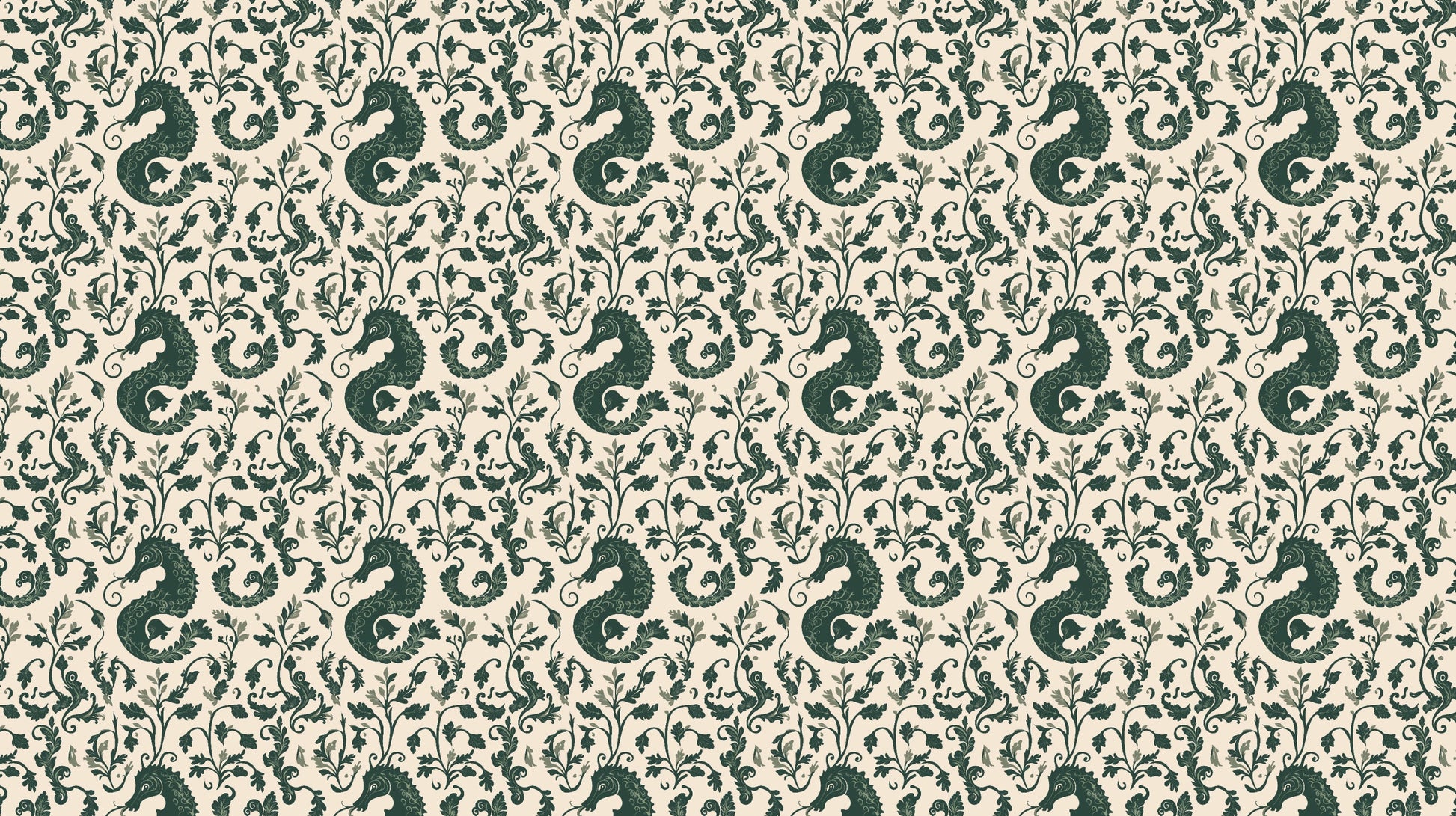Detailed seahorse and botanical foliage mural wallpaper design pattern by Kids-Mundo
