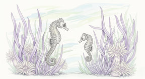 Detailed seahorse and ocean flora mural wallpaper design pattern by Kids-Mundo showing purple green tones