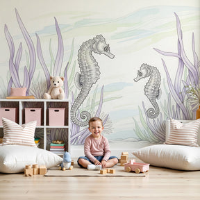 Seahorse mural wallpaper creating peaceful ocean nursery decor with purple and green tones by Kids-Mundo