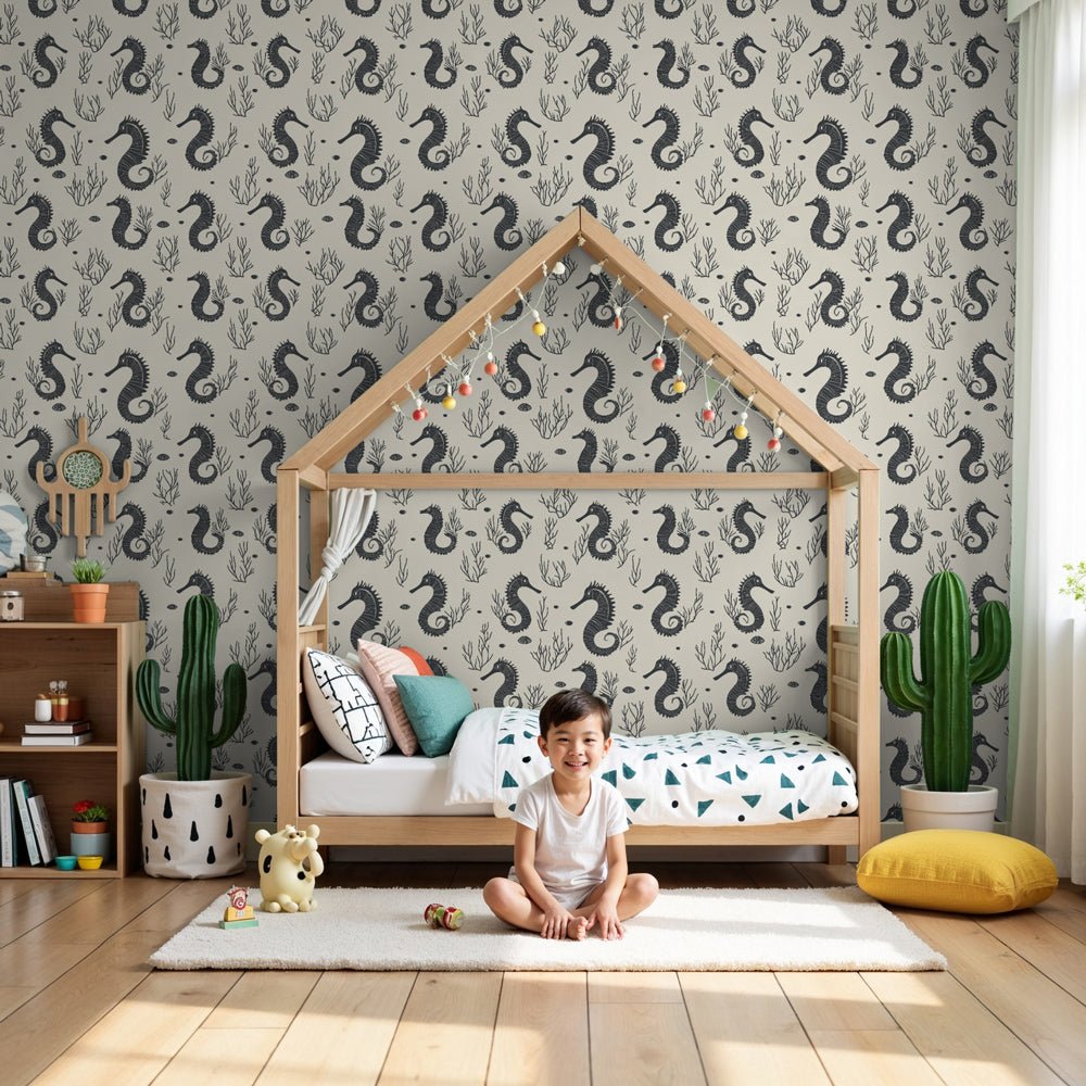 Seahorse mural wallpaper creating peaceful ocean nursery decor by Kids-Mundo