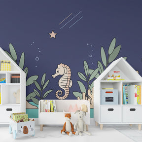 Ocean themed mural wallpaper with seahorse and coral design for modern baby bedroom by Kids-Mundo