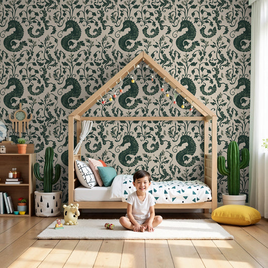 Seahorse ocean mural wallpaper decorating modern kids nursery room by Kids-Mundo