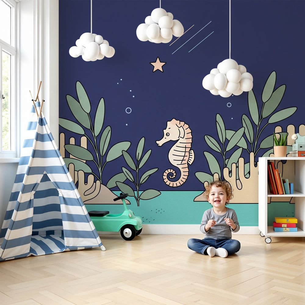 Seahorse mural wallpaper creating magical underwater nursery decor with coral and marine plants by Kids-Mundo