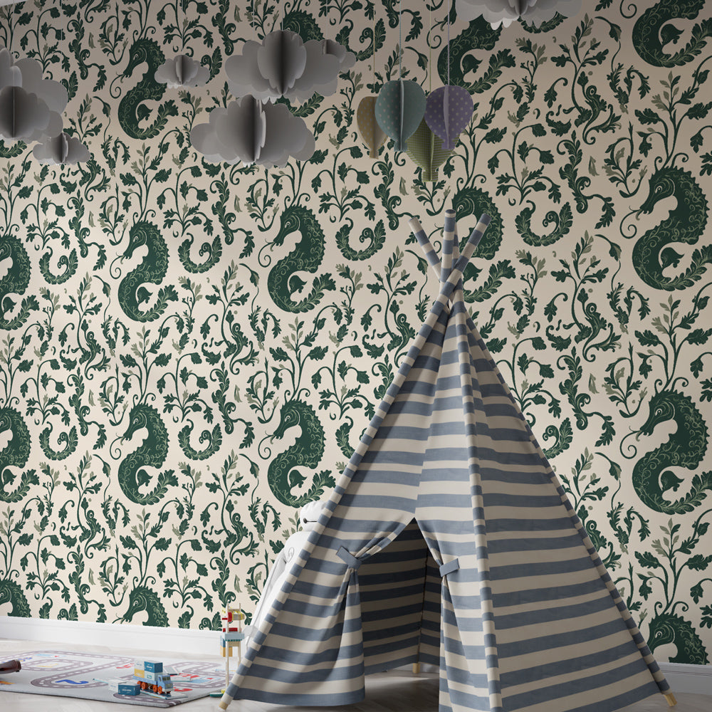 Marine seahorse mural wallpaper transforming kids playroom into underwater adventure space