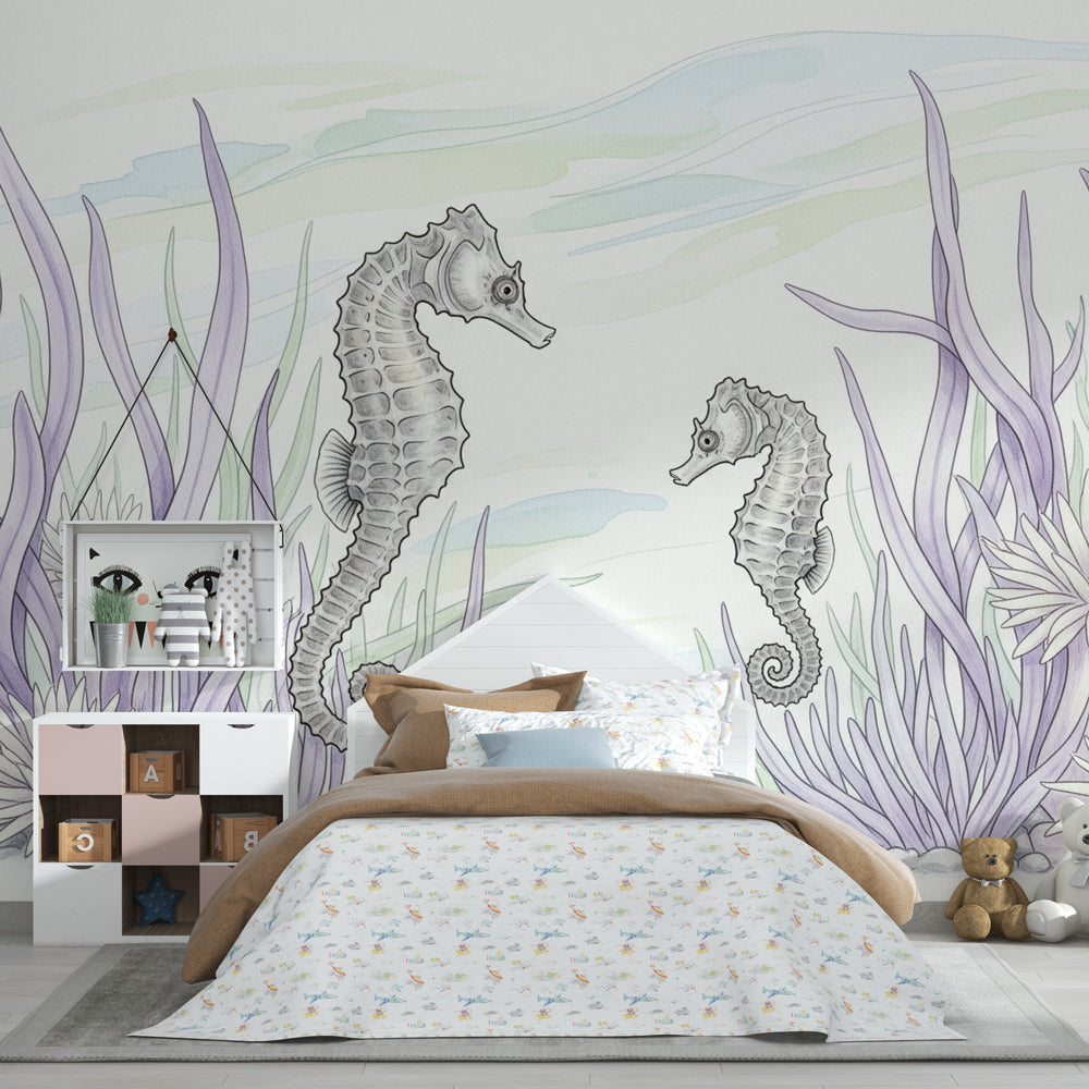 Soothing seahorse and marine life mural wallpaper for children's room by Kids-Mundo