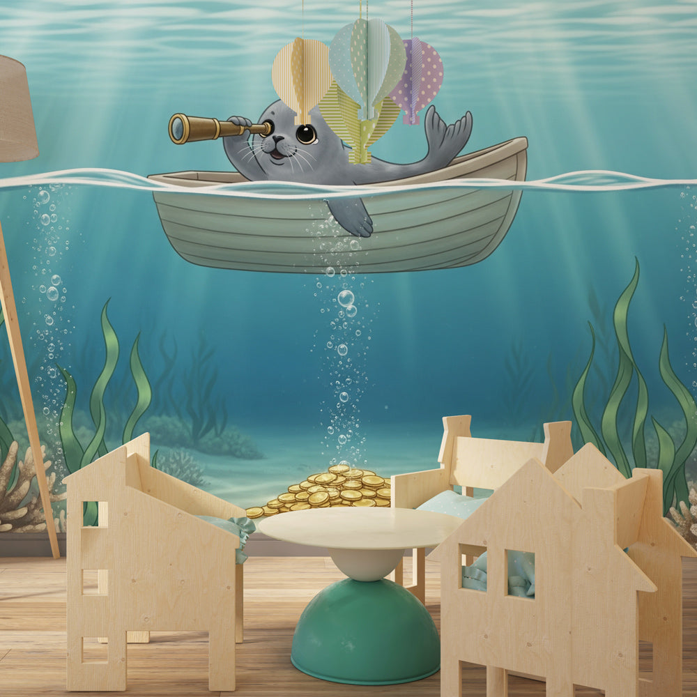 Ocean adventure mural wallpaper creating magical underwater atmosphere in children's bedroom