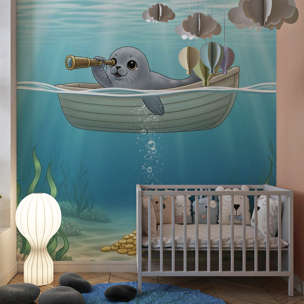 Underwater seal treasure hunt mural wallpaper transforming kids playroom into ocean adventure