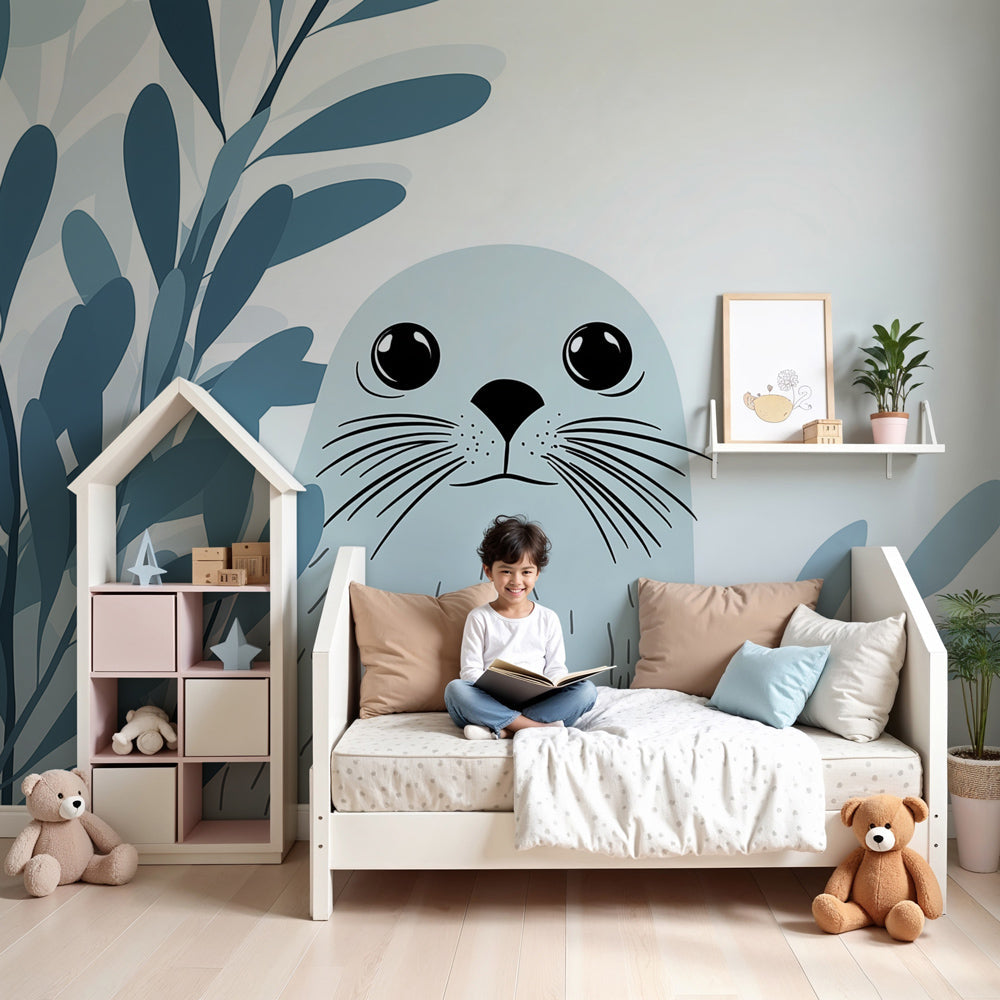 Seal mural wallpaper with aquatic foliage creating serene underwater nursery decor by Kids-Mundo