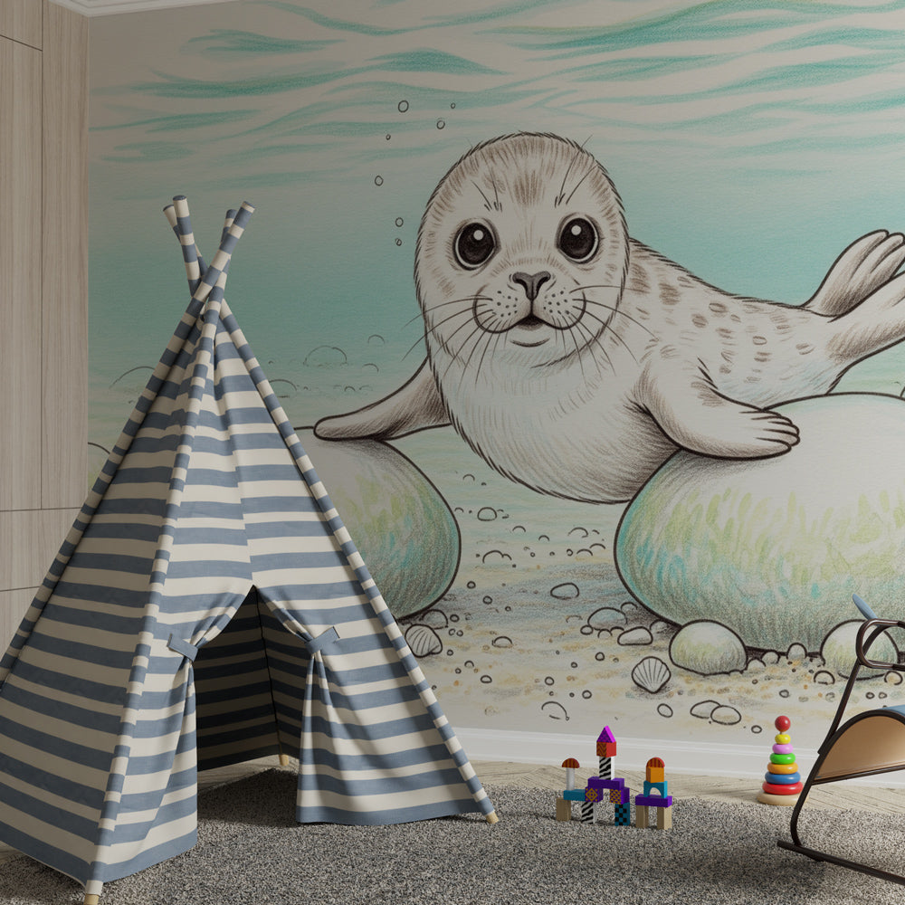 Ocean adventure mural wallpaper with friendly seal character for children's room by Kids-Mundo