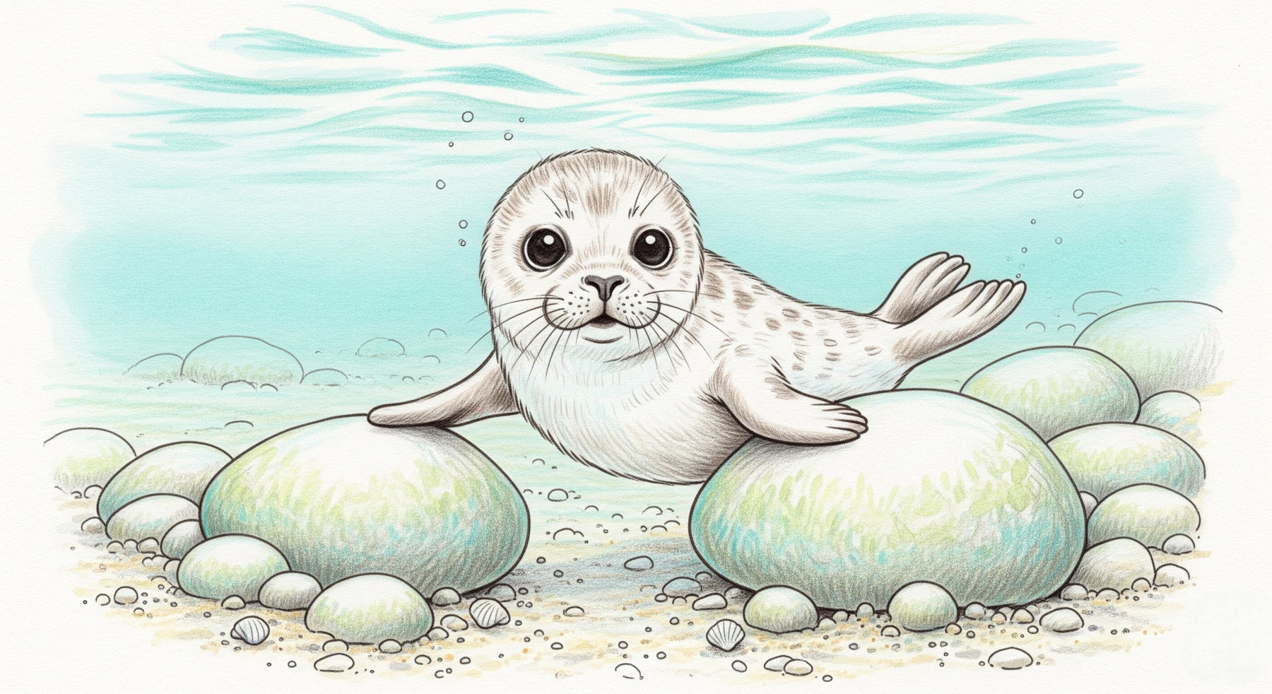 Detailed seal ocean mural wallpaper design pattern showing playful marine character by Kids-Mundo