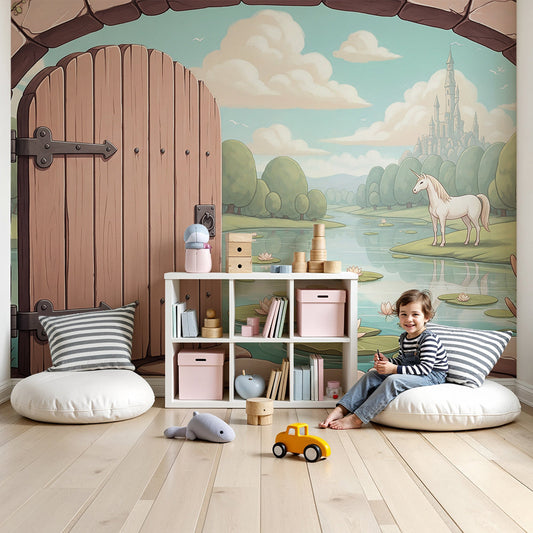 Kids-Mundo secret garden gate wall mural mockup styled in a calm pastel nursery interior.