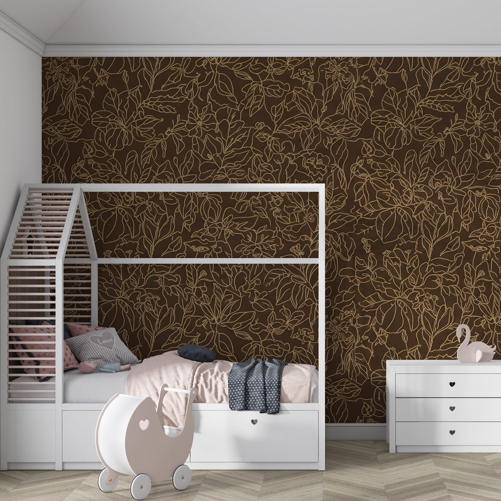 Delicate floral mural wallpaper paired with light wood furniture in kids room
