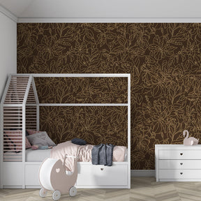 Delicate floral mural wallpaper paired with light wood furniture in kids room