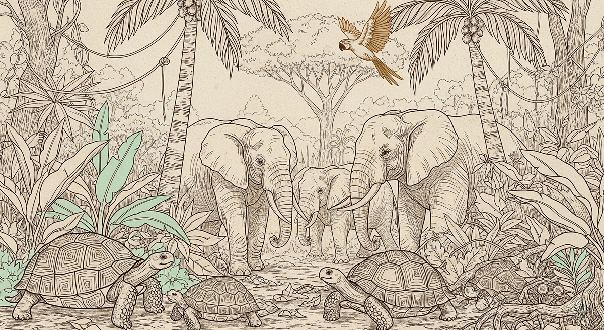 Sepia Elephant Family and Tortoises Wall Mural
