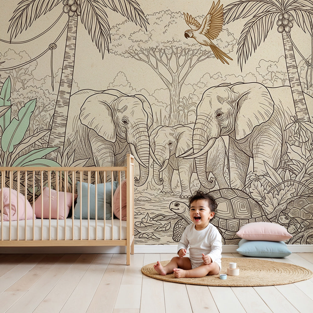 Kids-Mundo sepia elephant family wall mural styled in a warm, calm nursery room