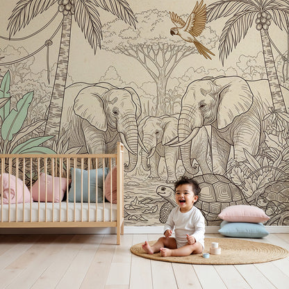 Kids-Mundo sepia elephant family wall mural styled in a warm, calm nursery room