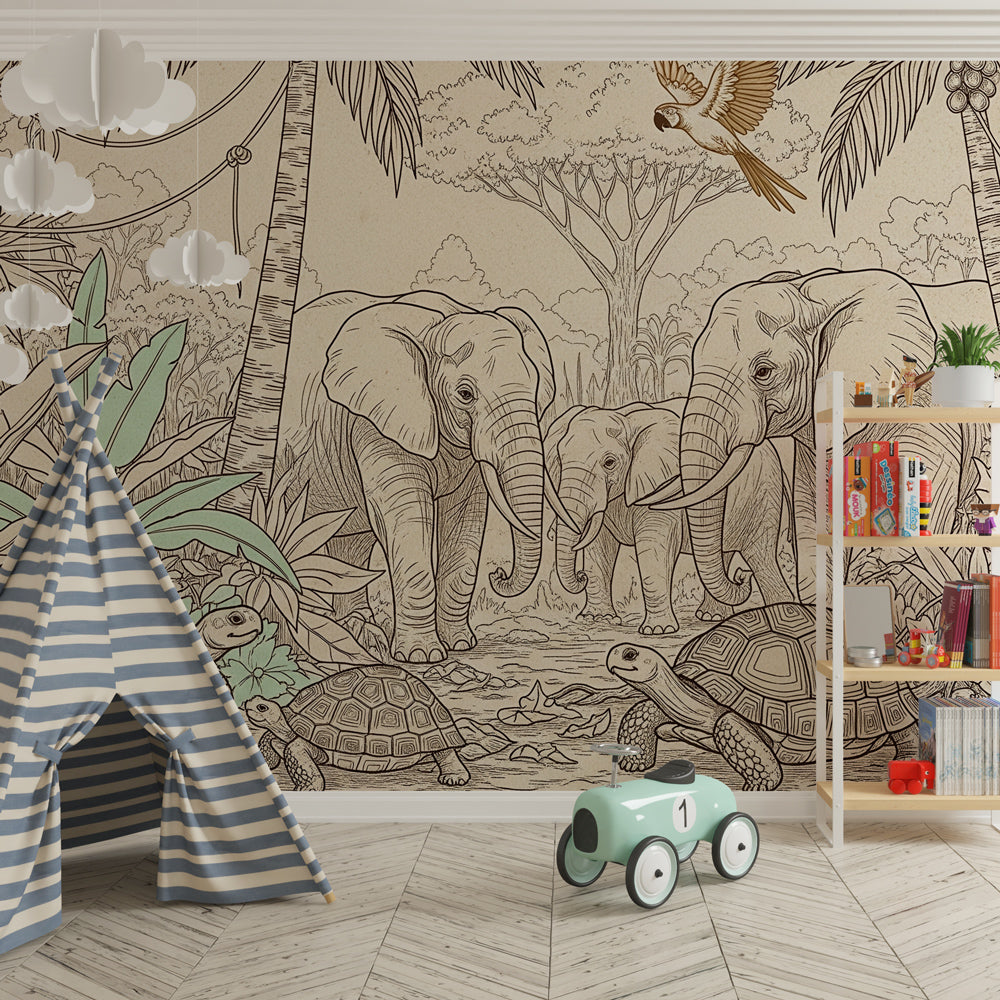Kids-Mundo sepia jungle mural with elephants and tortoises in a bright children's playroom