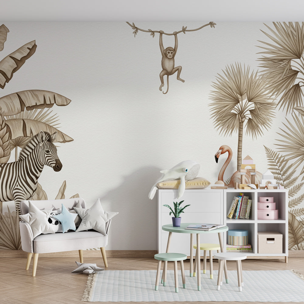 Kids-Mundo sepia safari wall mural featuring palms and a flamingo in a child's bedroom setting