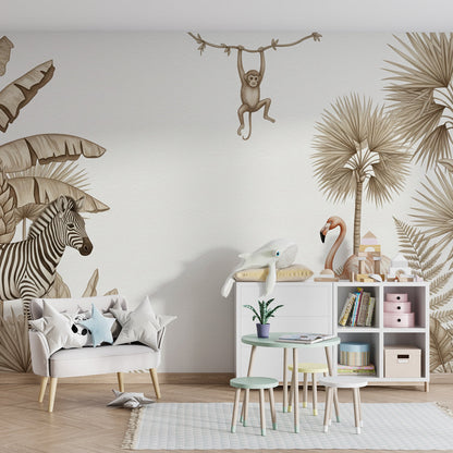 Kids-Mundo sepia safari wall mural featuring palms and a flamingo in a child's bedroom setting