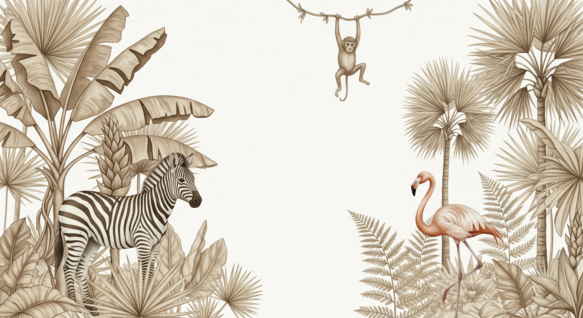 Flat artwork preview of the Kids-Mundo sepia safari jungle wall mural with zebra and flamingo