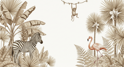 Flat artwork preview of the Kids-Mundo sepia safari jungle wall mural with zebra and flamingo