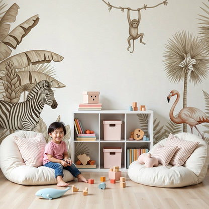 Kids-Mundo sepia safari jungle wall mural with zebra and monkey shown in a soft-toned nursery