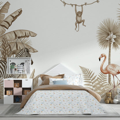 Kids-Mundo sepia safari jungle mural with zebra, monkey and flamingo shown in a playroom