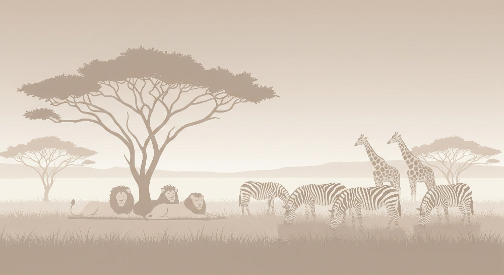 Sepia Safari Lions and Zebras Wall Mural