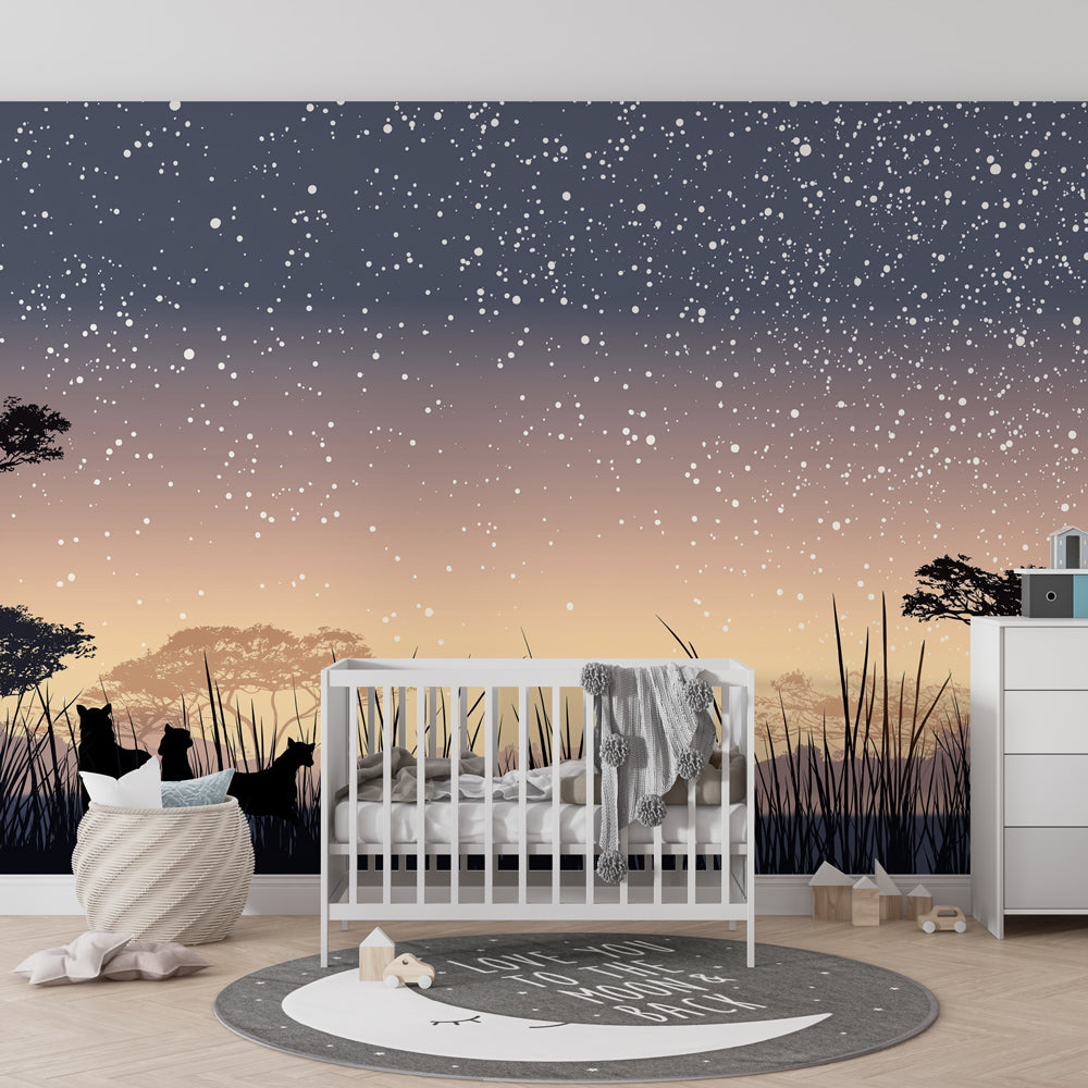 Serengeti safari wallpaper creating adventurous kids bedroom with animal silhouettes and stars