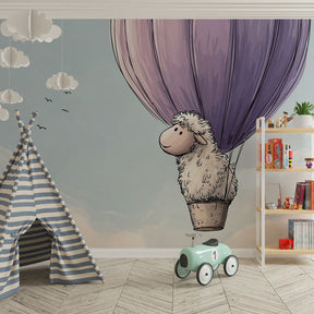 Whimsical sheep balloon wallpaper transforming children's bedroom into sky adventure space