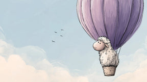 Detailed sheep hot air balloon mural wallpaper design pattern with blue sky and clouds by Kids-Mundo