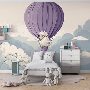 Dreamy cloud sheep balloon wallpaper creating magical atmosphere in children's bedroom