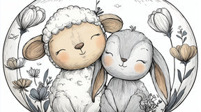 Detailed sheep and rabbit garden mural wallpaper design pattern with soft florals by Kids-Mundo