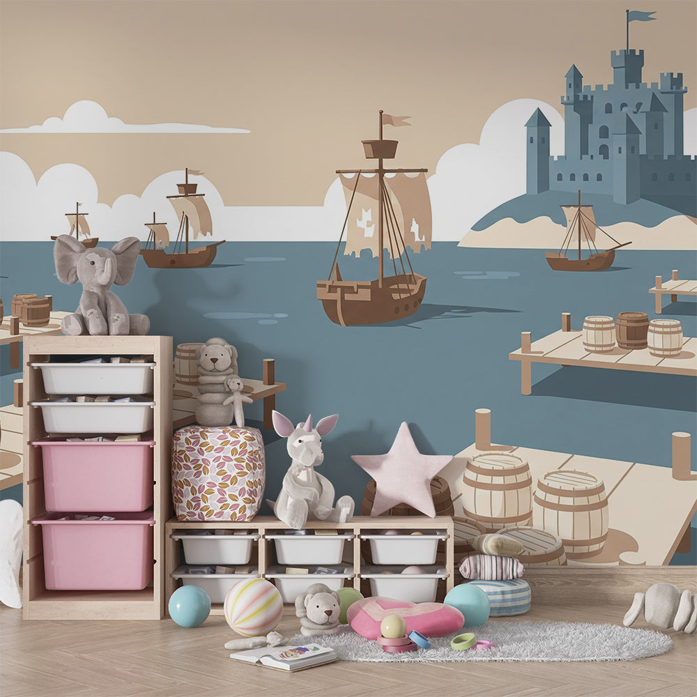 Kids-Mundo sailing ships mural installed in a children's bedroom, made-to-measure adventure wallpaper.