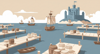 Kids-Mundo harbour artwork showing sailing ships, barrels and a castle above a calm coastal dock.