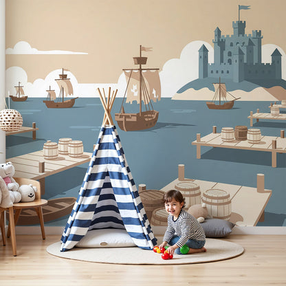 Kids-Mundo ships and castle wall mural in a calm nursery, made-to-measure harbour wallpaper behind a cot.