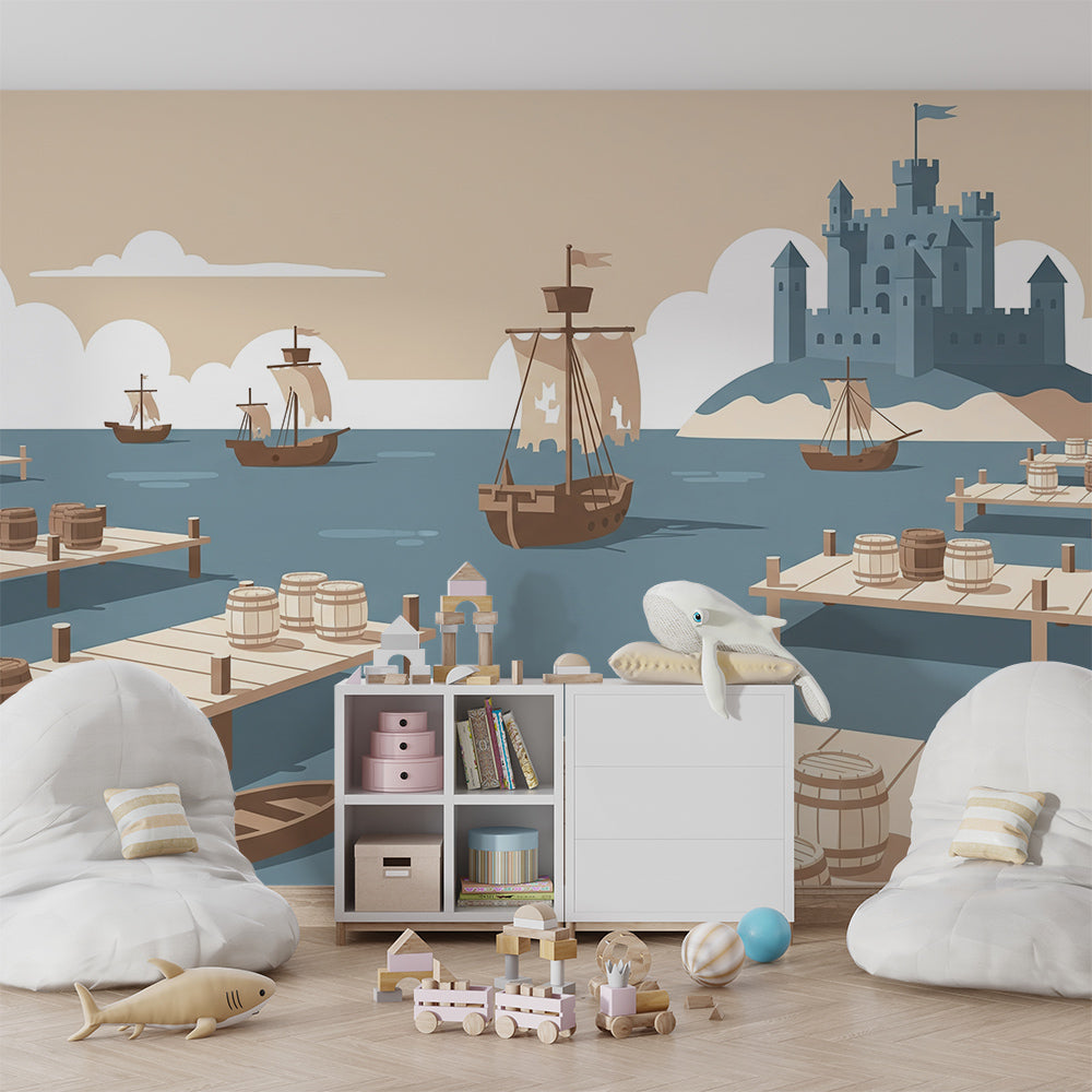 Kids-Mundo ships and castle mural covering a playroom wall, made-to-measure harbour wallpaper design.