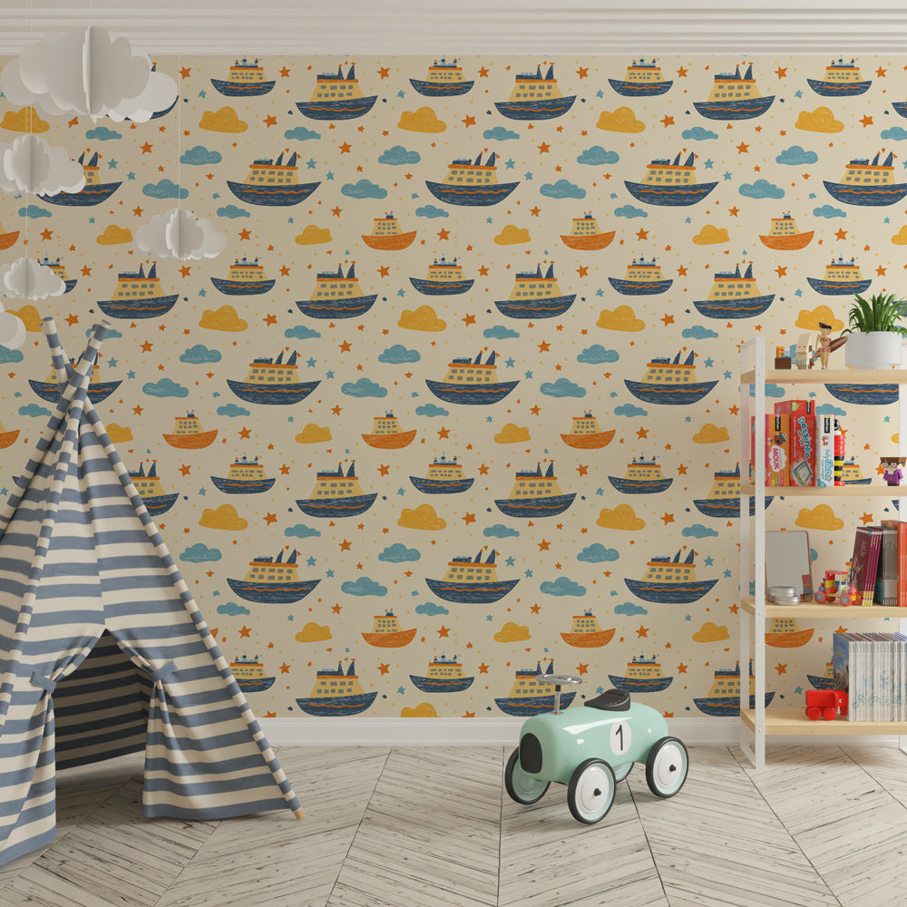 Nautical ships wallpaper creating maritime adventure theme in children's bedroom