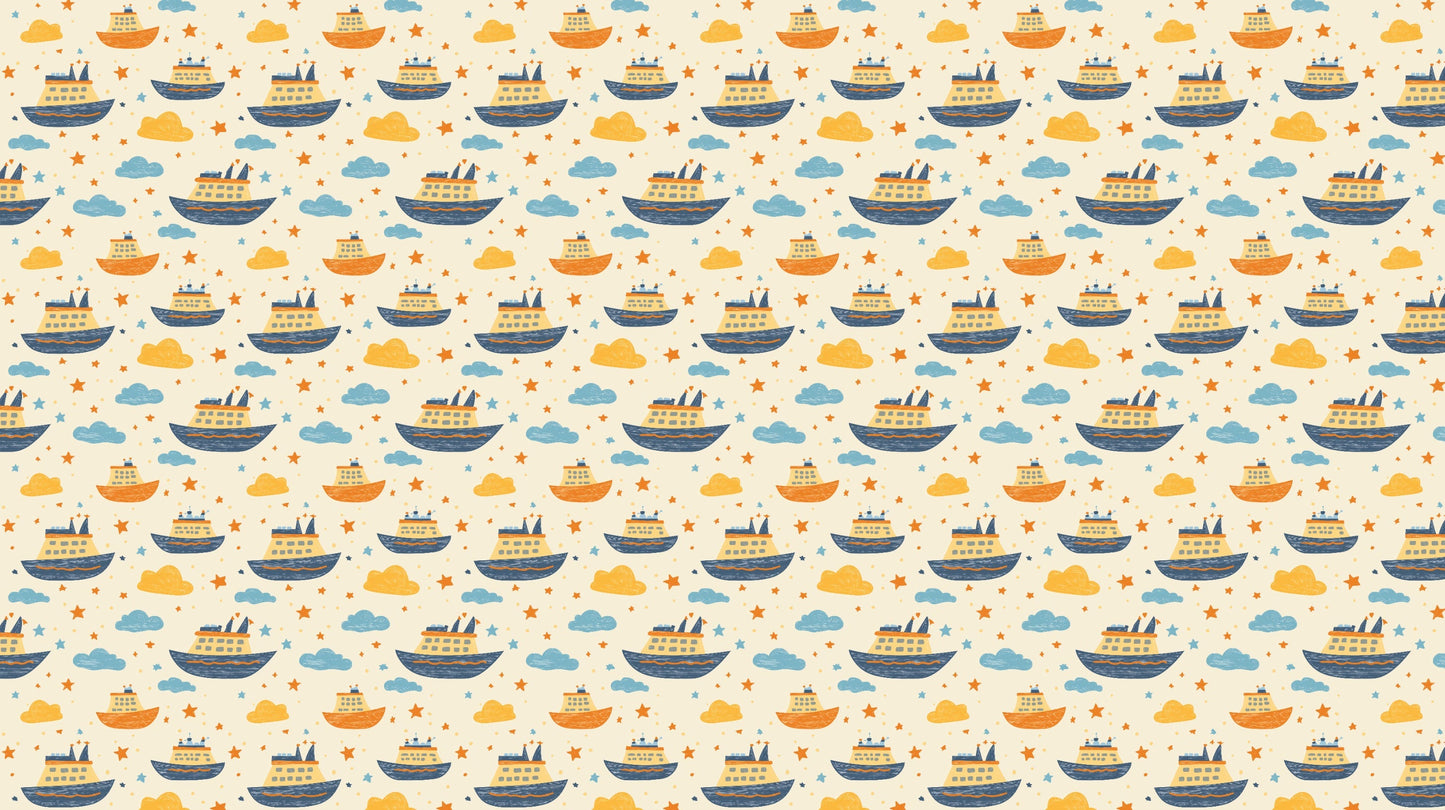 Detailed ships and clouds mural wallpaper design pattern with soft colors by Kids-Mundo