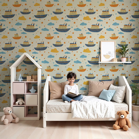 Ships mural wallpaper with colorful boats and clouds in modern nursery room by Kids-Mundo