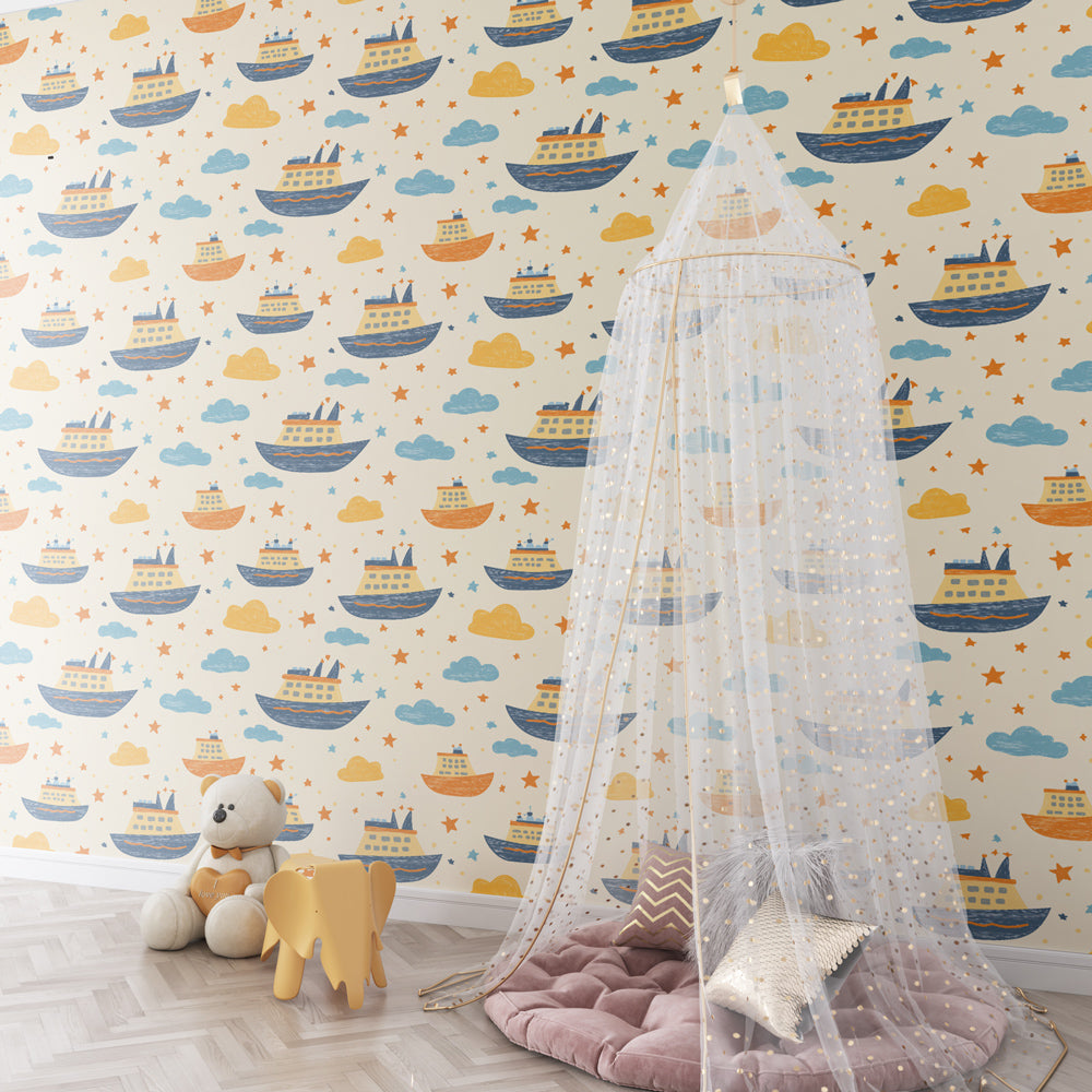 Colorful boats and clouds mural wallpaper transforming kids playroom into ocean adventure