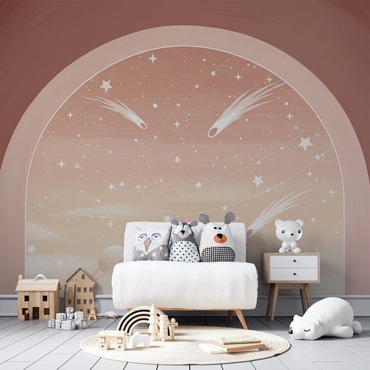 Kids-Mundo shooting star arch mural styled on a bright kids bedroom wall